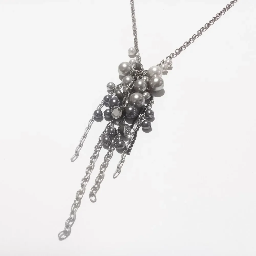 Silver Tone Pearl Rhinestone Tassel Necklace White Gray Pearls Long 28